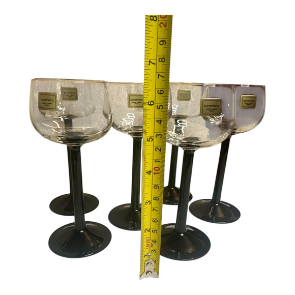 Vintage Luminarc France Black Stem Wine Glasses Set of 6 - Picture 3 of 6